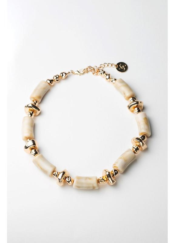 LUNA BEAD NECKLACE BEIGE MELANGE W GOLD BOW19