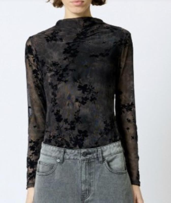 KENNY MESH VELVET BURNOUT TOP BLACK/BROWN MULTI FRENCH CONNECTION