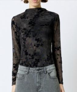 KENNY MESH VELVET BURNOUT TOP BLACK/BROWN MULTI FRENCH CONNECTION