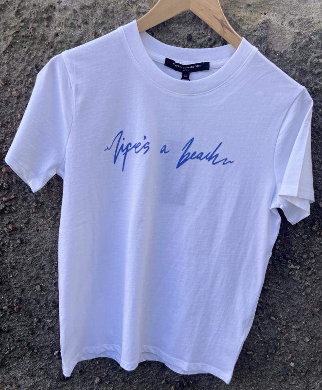 LIFE'S A BEACH T-SHIRT LINEN WHITE AZURE BLUE FRENCH CONNECTION