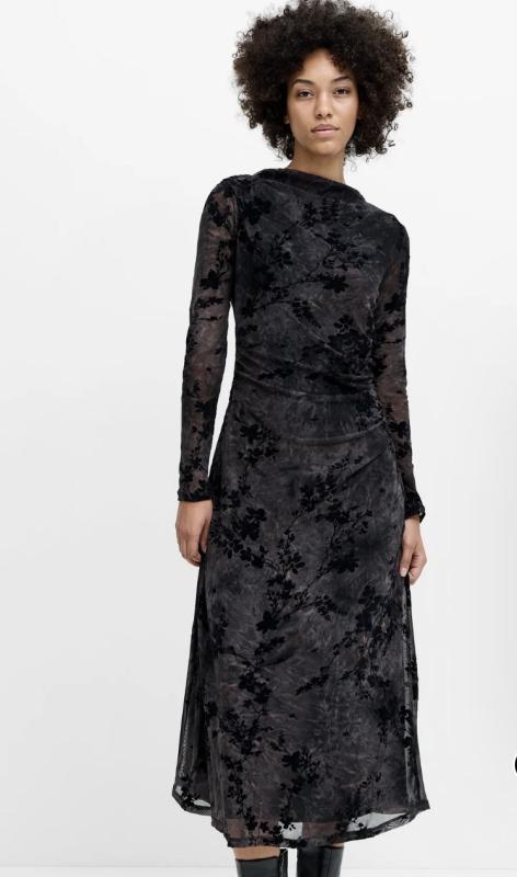 KENNY MESH DRESS VELVET BURNOUT MIDI DRESS BLACK/BROWN FRENCH CONNECTION