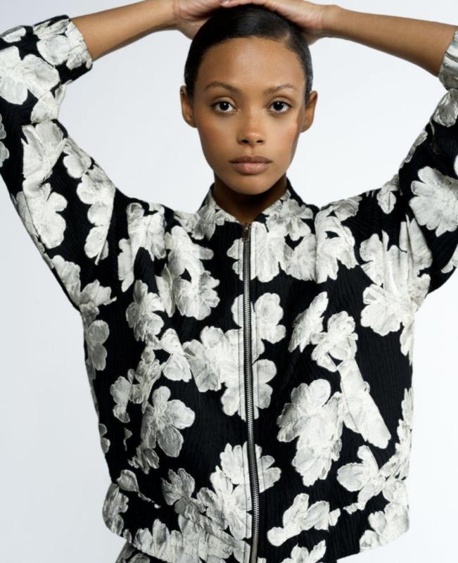 LORA POLY JACQUARD BOMBER JACKET POCELAIN CREAM/BLACK FRENCH CONNECTION
