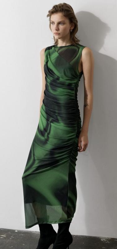 TARISSA MESH SLEEVELESS MAXI DRESS GREEN BLACK FRENCH CONNECTION