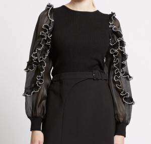 KRISTA MIX RUFFLE TRIM TOP BLACKOUT FRENCH CONNECTION