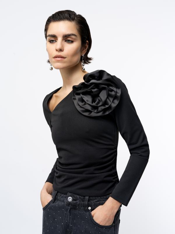 VALETTA JERSEY ROSETTE TOP BLACK FRENCH CONNECTION