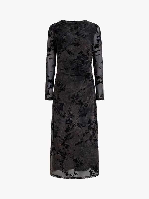 KENNY MESH DRESS VELVET BURNOUT MIDI DRESS BLACK/BROWN FRENCH CONNECTION