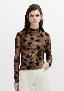 TIA ROSE MESH VELVET BURNOUT TOP CHOCOLATE BROWN FRENCH CONNECTION