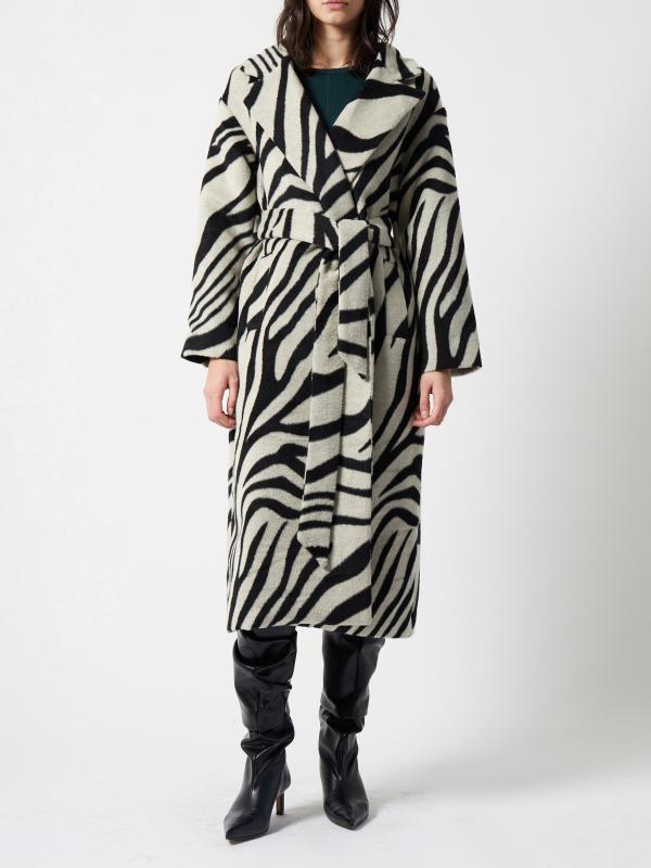 GRACE ZEBRA BELTED COAT BLACK WHITE FRENCH CONNECTION