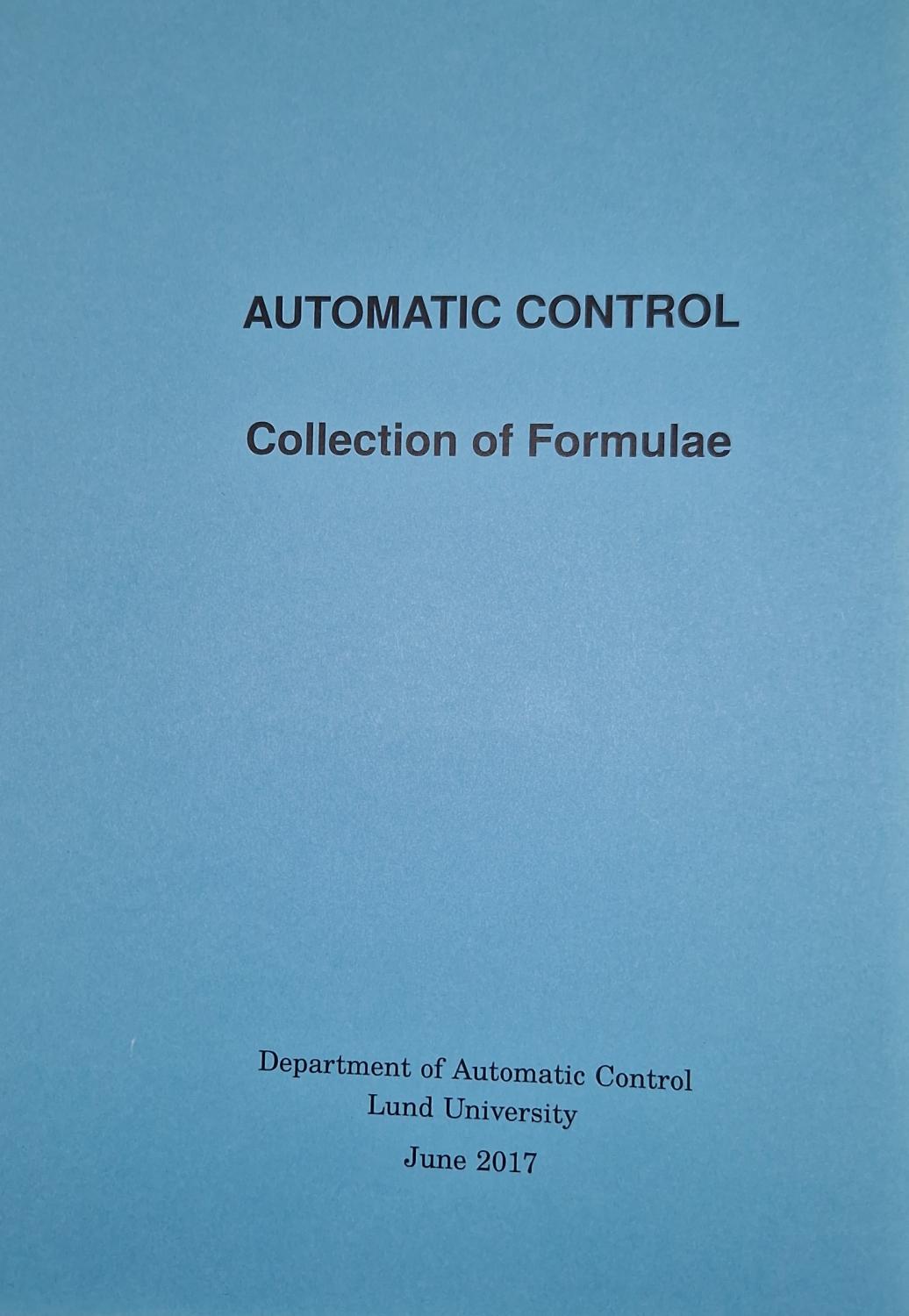 Automatic Control, Collection of Formulae, 2017