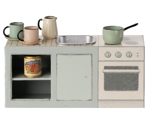 Maileg – Köksbänk med köksredskap för möss med vask/hyllor/spis, kök med tillbehör till mus