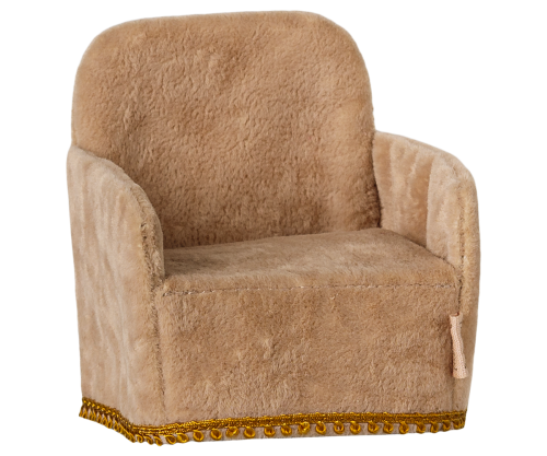 Maileg – fåtölj i miniatyr till möss, stol puder med guldig detalj