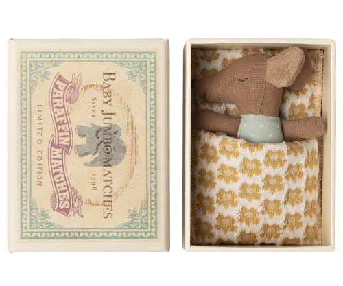 Sleepy/wakey baby mouse in matchbox - blue