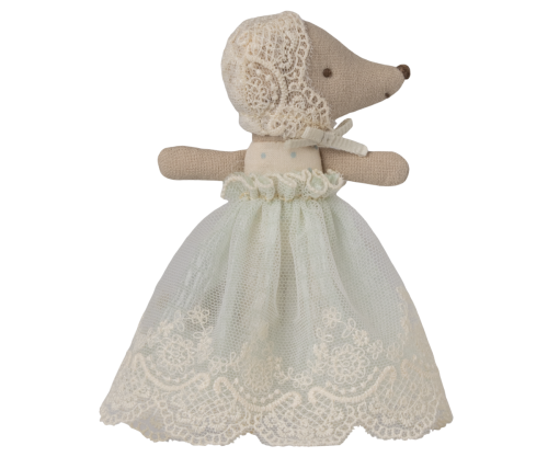 Maileg – Baby mus blå / mint, sovande/vaken bebis, babymus i dopklänning