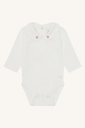 Body med krage, Bebe - vit med broderade blommor