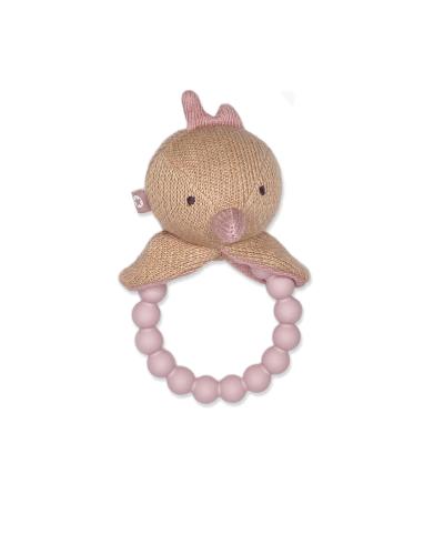 Skallra med siliconring - rosa stickad fågel