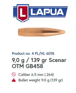 Lapua Kulor .264/6,5mm Scenar OTM 139gr - 1 000st