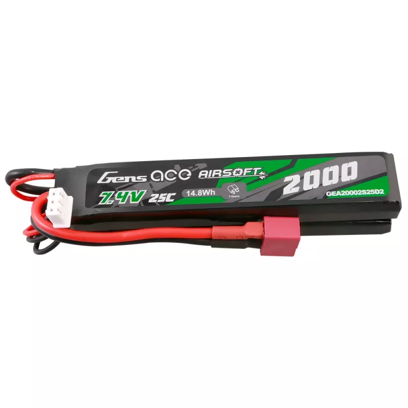 Gens Ace 25C 2000mAh 2S2P 7.4V Saddle Airsoft Gun Lipo-batteri med Mini Deans(T) kontakt