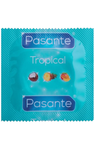 Standardkondom till storlek men med smak och doft i tre tropiska smaker