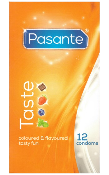 Paket med smaksatta kondomer i flera olika smaker och dofter från pasante