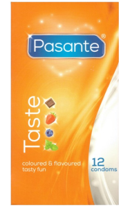Paket med smaksatta kondomer i flera olika smaker och dofter från pasante