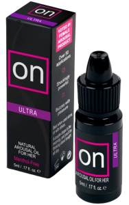 produktbild på värmande, pirrig olja för sexuell stimulans från märket on