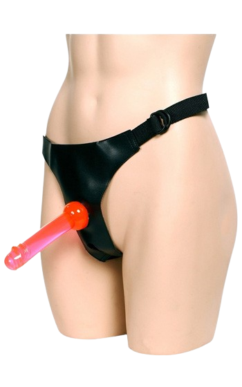 Sele med öppen gren och två medföljande dildos i olika storlekar.