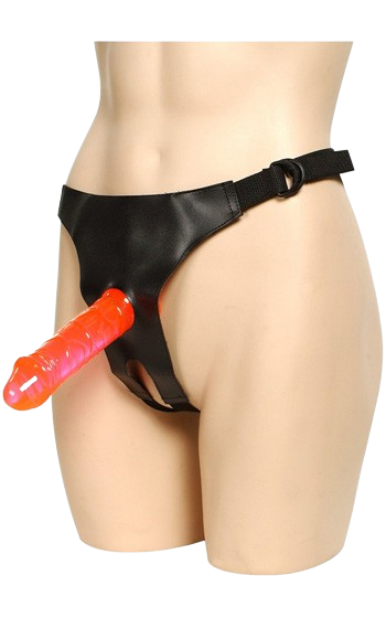 Sele med öppen gren och två medföljande dildos i olika storlekar.