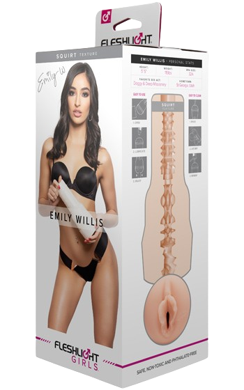 Realistisk avgjutning av Emily Willis vagina, från Fleshlight. kartong