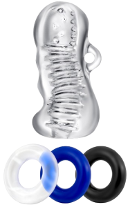 Prisvärt onani-kit med masturbator & tre ringar.