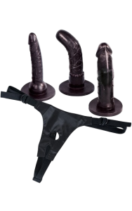Prisvärd sele med tre olika stora dildos till paketpris.