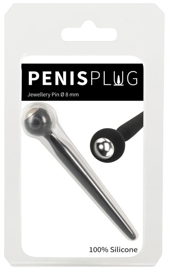 Slät penisplugg av silikon med blank metallkula i toppen. kartong