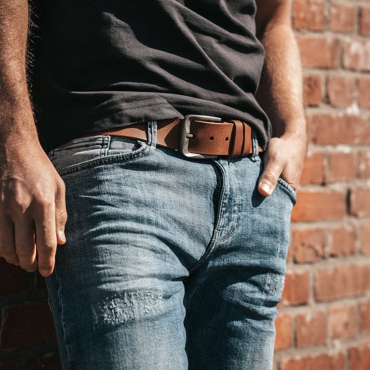 bild från midjan och neråt på man som står framför en tegelvägg i slitna jeans med brunt läderbälte från the chesterfield brand