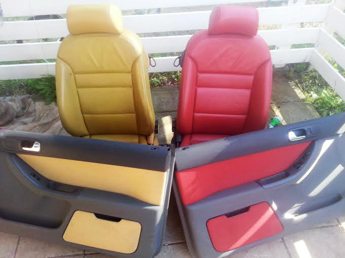 bild på en röd och en gul bilstol och dörrklädslar i samma färg, färgat med läderfärg från Läderspecialisten