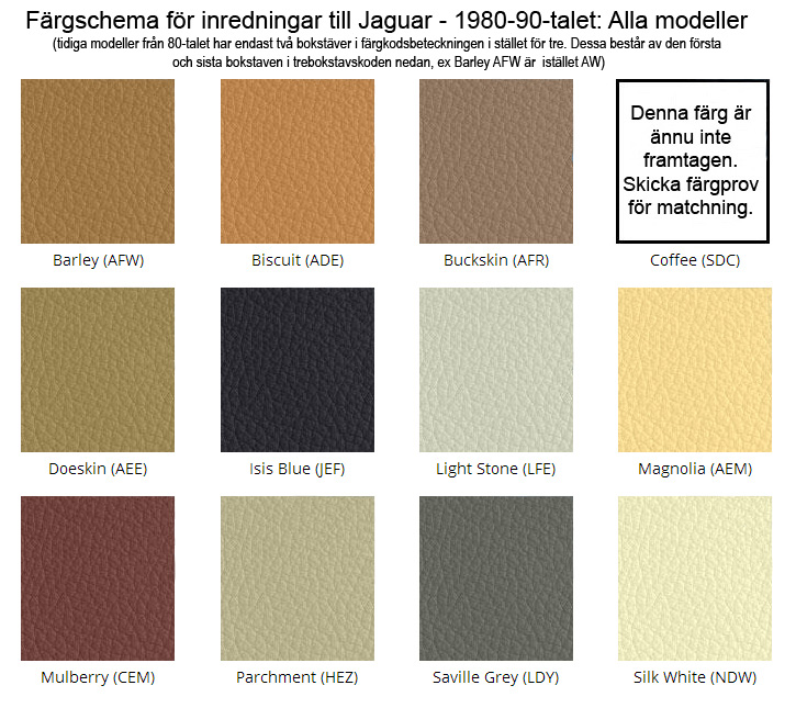 färgkarta över läderfärg till jaguars bilklädslar från varumärket furniture clinic