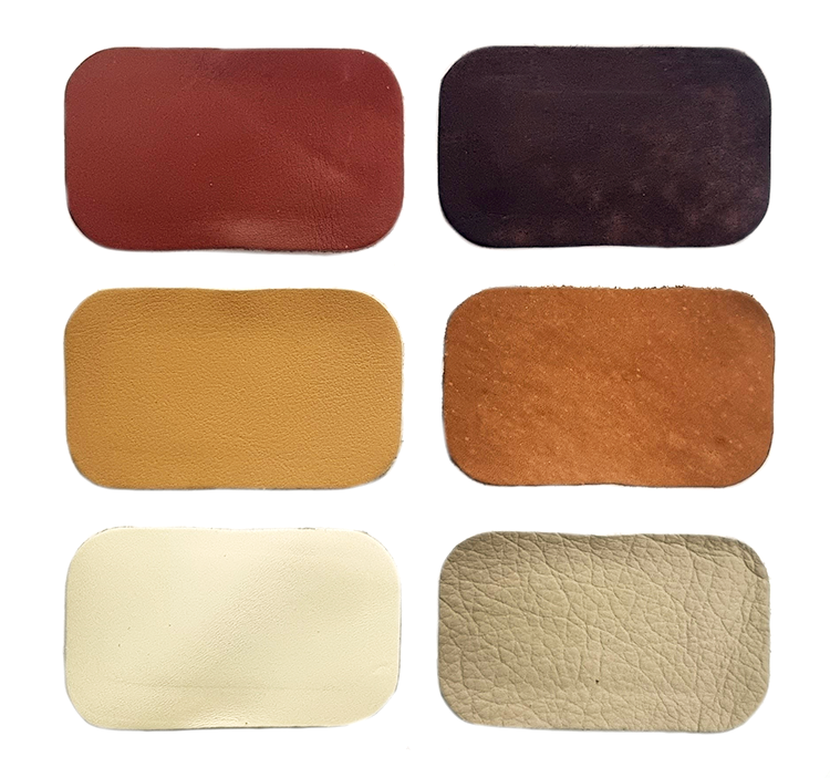 Sex olika nyanser av bruna rektangulära lagningslappar i läder