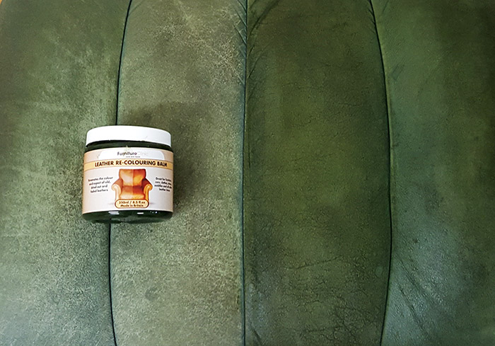 före - efterbild på läder färgat med en burk med pigmenterat läderbalsam