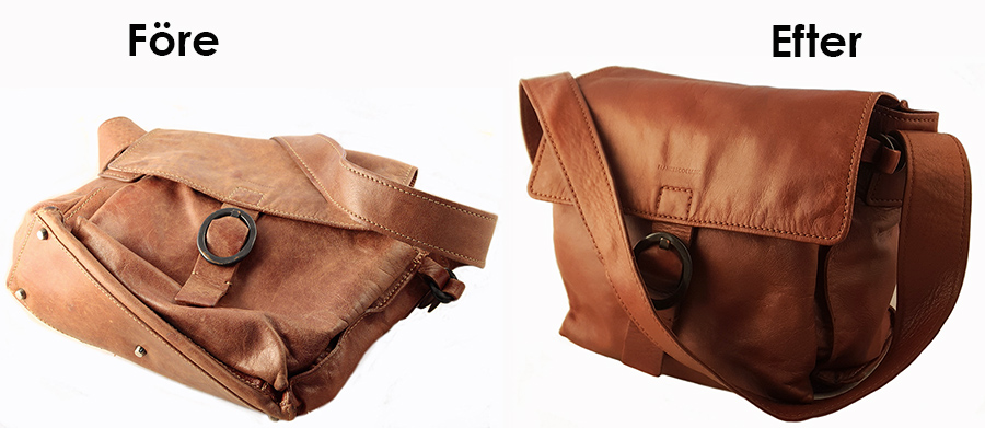 före och efterbild på brunläderväska som är behandlad med färgat läderbalsam från varumärket furniture clinic