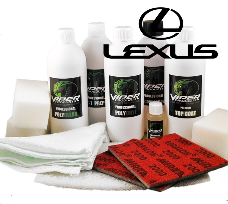 Kit med stora flaskor innehållande läder- och vinylfärg till Lexus bilklädslar