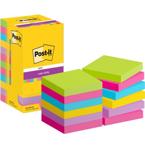 Post-it® Super Sticky Notes, Ultrafärger, 76x76mm, 12-pack
