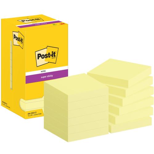 Post-it® Super Sticky Notes, gul, 76x76mm, 12-pack