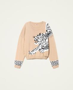 Jumper With Jacquard Tiger Inlays Beige