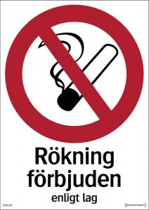 Förbudsskylt Rökning förbjuden enligt lag