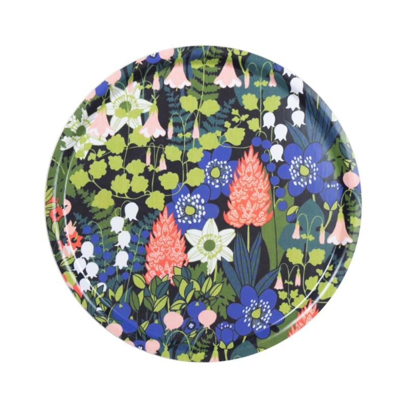 Almedahls Skogen Bricka Rund Svart/Grön/Rosa 38cm at lavanille