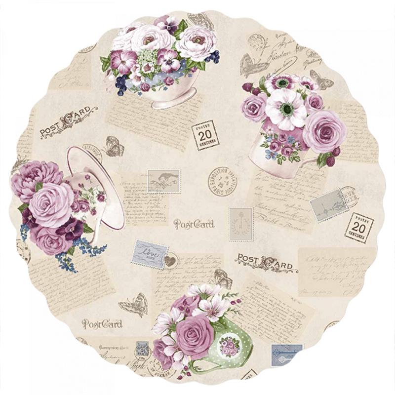 Rund Vaxduk Rosa Blommor/Brev Nina Royal 140cm at lavanille