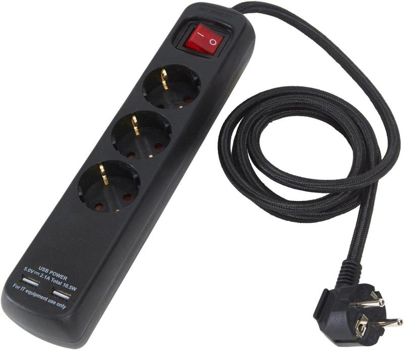 PR Home Grenuttag 3:a Med USB Svart 1,4m at lavanille