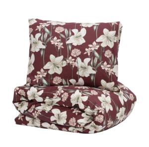 Satin Påslakanset Blommigt Kyrkosund Vinröd 150x210cm Kosta Linnewäfveri