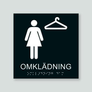 Taktil skylt för omklädning för damer, 150x150mm, med text, symbol och punkskrift. Finns i 12 olika färger för att passa olika miljöer.
