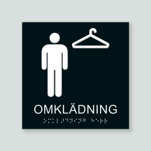 Taktil skylt för omklädning för herrar, 150x150mm, med text, symbol och punkskrift. Finns i 12 olika färger för anpassning till olika miljöer.
