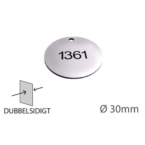 Nyckelbricka i plast, 30mm i diameter, dubbelsidig gravyr