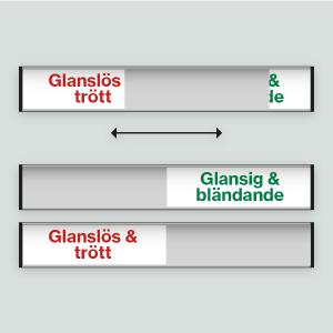 Glansig & bländande / Glanslös & trött - Diskmaskinsskylt 207x31mm